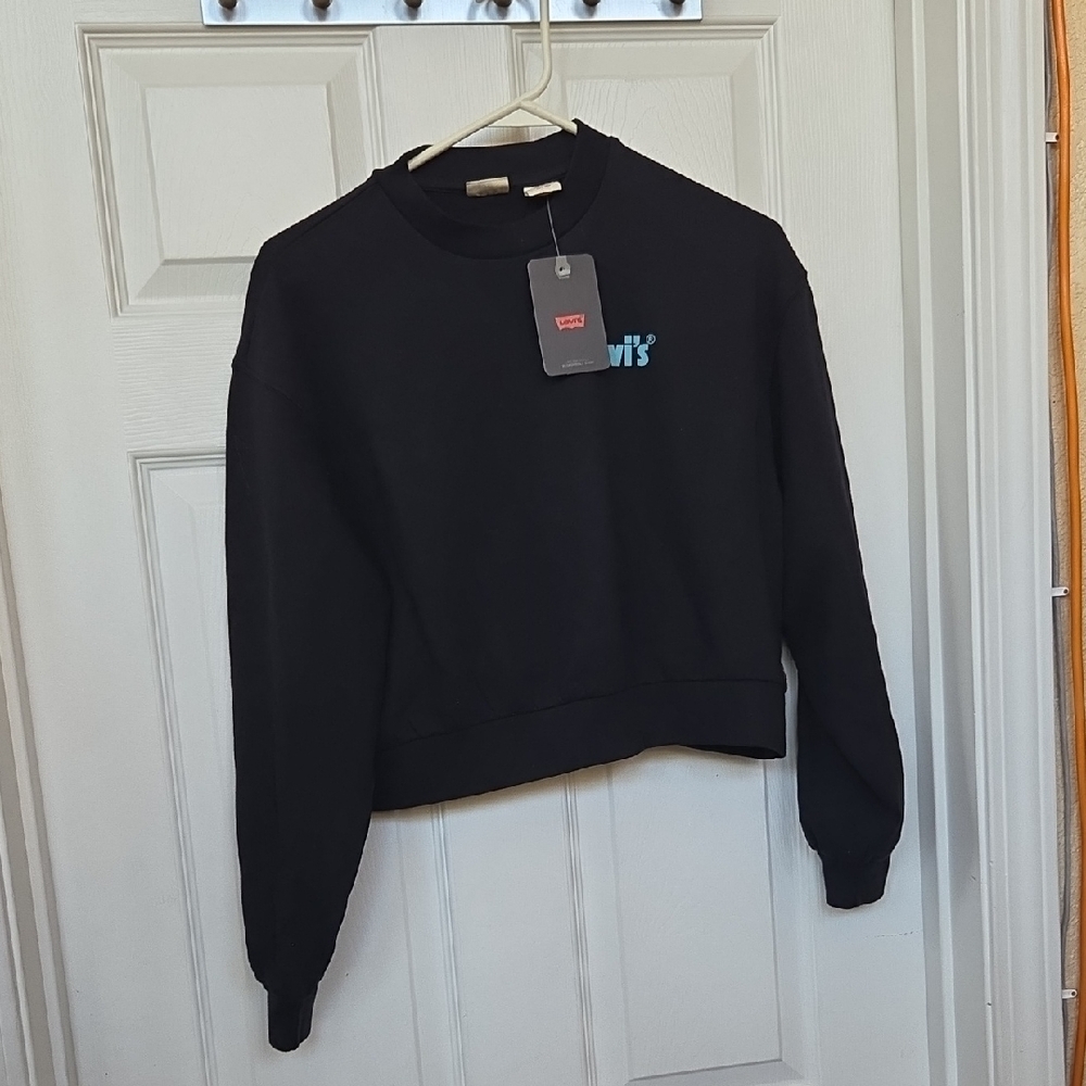 Levi's Black Cropped Crew Sweatshirt with Blue Logo